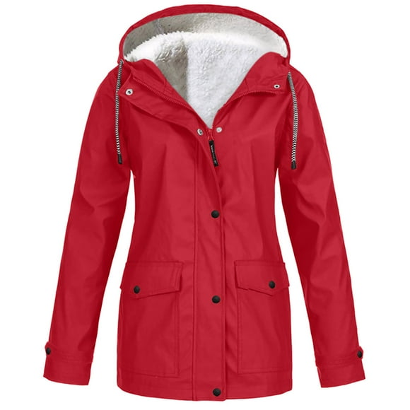 Meichang Women's Outdoor Raincoats Sherpa Fleece Lined Rain Jackets Winter Waterproof Windproof Jackets Solid Zip Up Button Front Hooded Overcoats with Pockets Rain Jackets