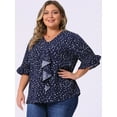 thumbnail image 2 of DARING DIVA Women's Plus Ruffle Loose V Neck Smocked Sleeves Top 1X Dark Blue, 2 of 6