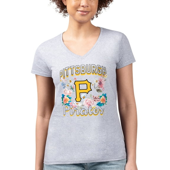 Women's G-III 4Her by Carl Banks Heather Gray Pittsburgh Pirates Super-Slim Fit Lightweight Flowers Graphic V-Neck