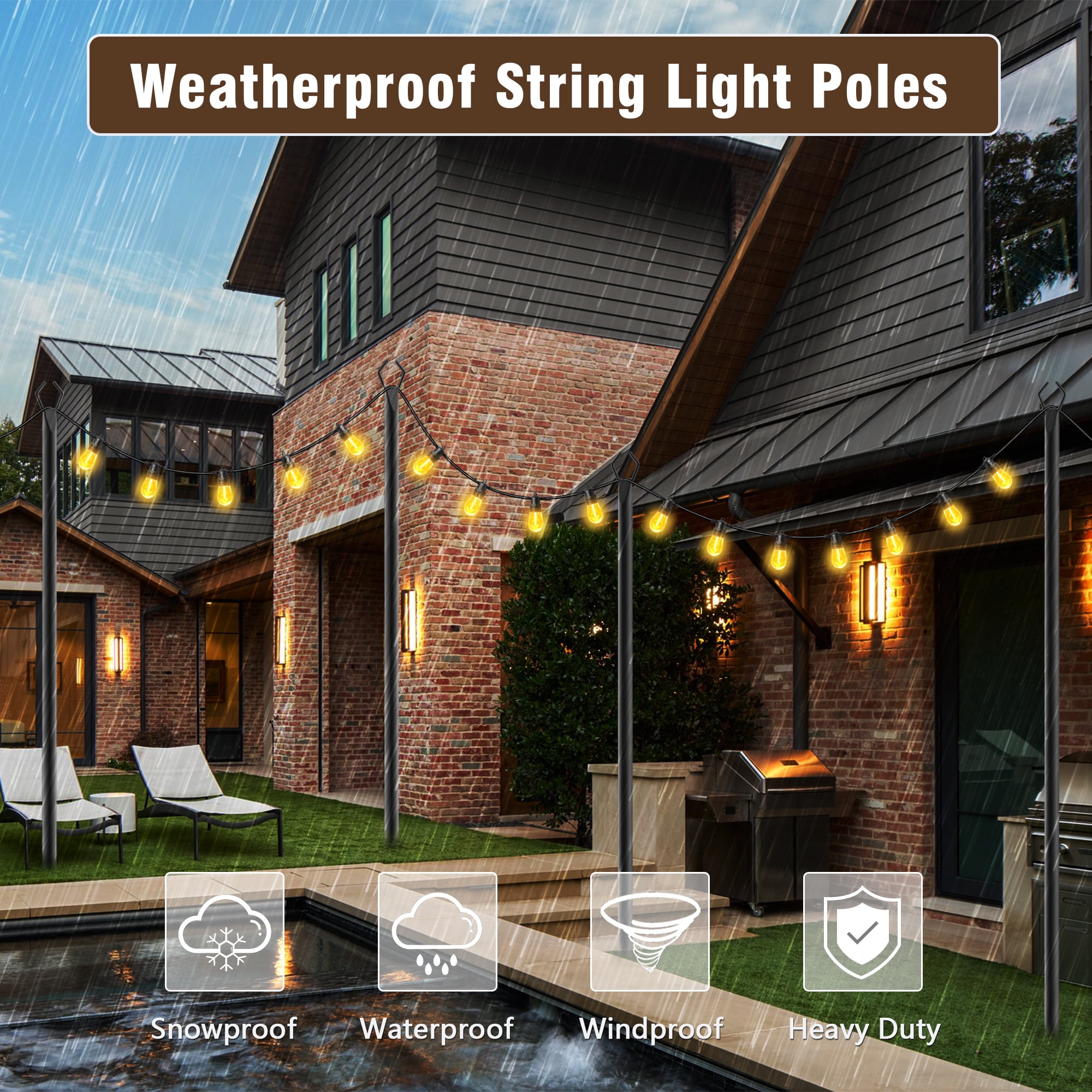 [2pcs Metal Pole] 10 Feet Metal Patio String Lights Pole | Outdoor Hanging Pole For Garden, Backyard, Patio, Lighting Bracket For Parties, Christmas And Wedding