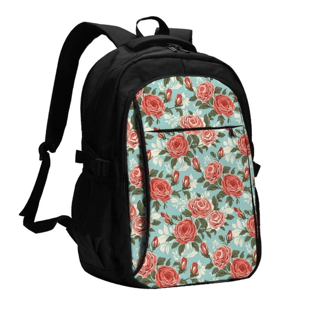 Balery Rose Flowers Mochila con carga USB para hombre y mujer - Mochila impermeable y antirrobo para laptop con puerto USB para viajes, trabajo