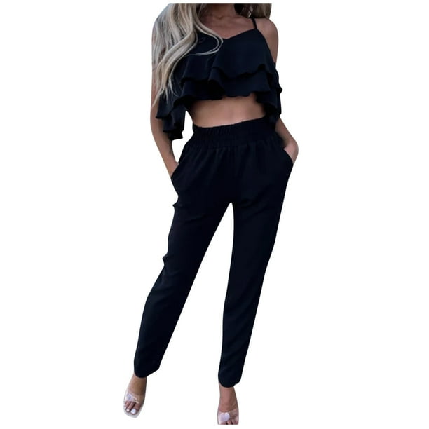 Blusa sin mangas lisa con cuello redondo para mujer a la moda de 2 piezas + conjuntos de pantalones con bolsillos sueltos Wmkox8yi bvn3651