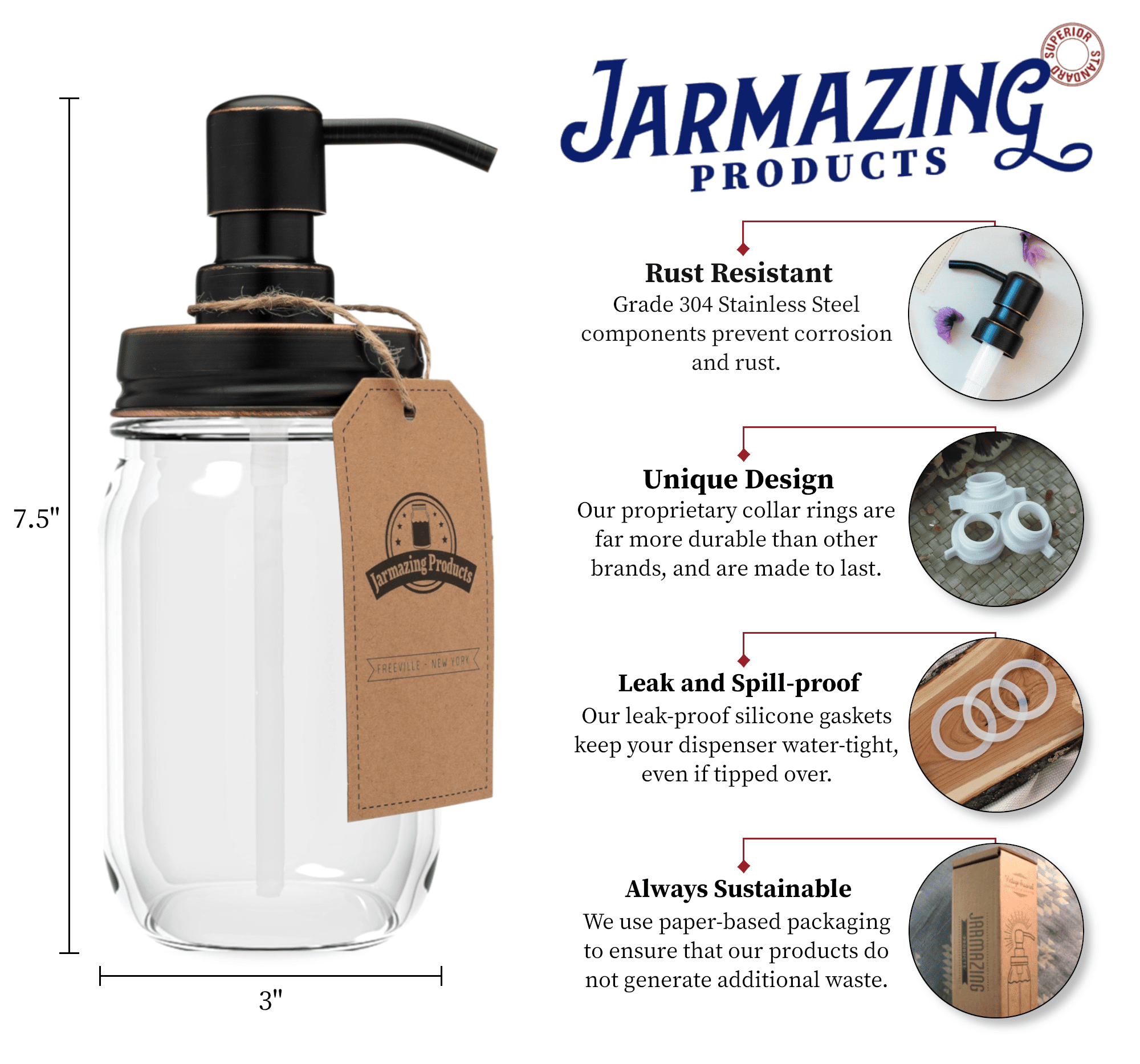 Jarmazing Products Mason Jar Soap Dispenser - Oil-Rubbed Bronze - With 16 Ounce Clear Mason Jar - Two Pack