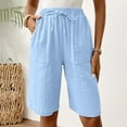 thumbnail image 6 of WQQZJJ Summer Shorts Women, Solid Color Drawstring Elastic Waist Long Shorts, Linen Knee Length Shorts Bermuda Shorts, 6 of 9