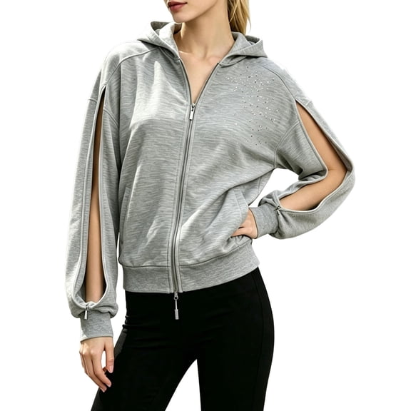 Yfalhf Long Sleeve Zip Up Jackets for Women Y2K Hoodie | Full Zip Hoodie, Hooded Jacket Women, Jackets for Women Casual, Color Sweatshirts Pullover Top with Arm Zipper Grey 2XL