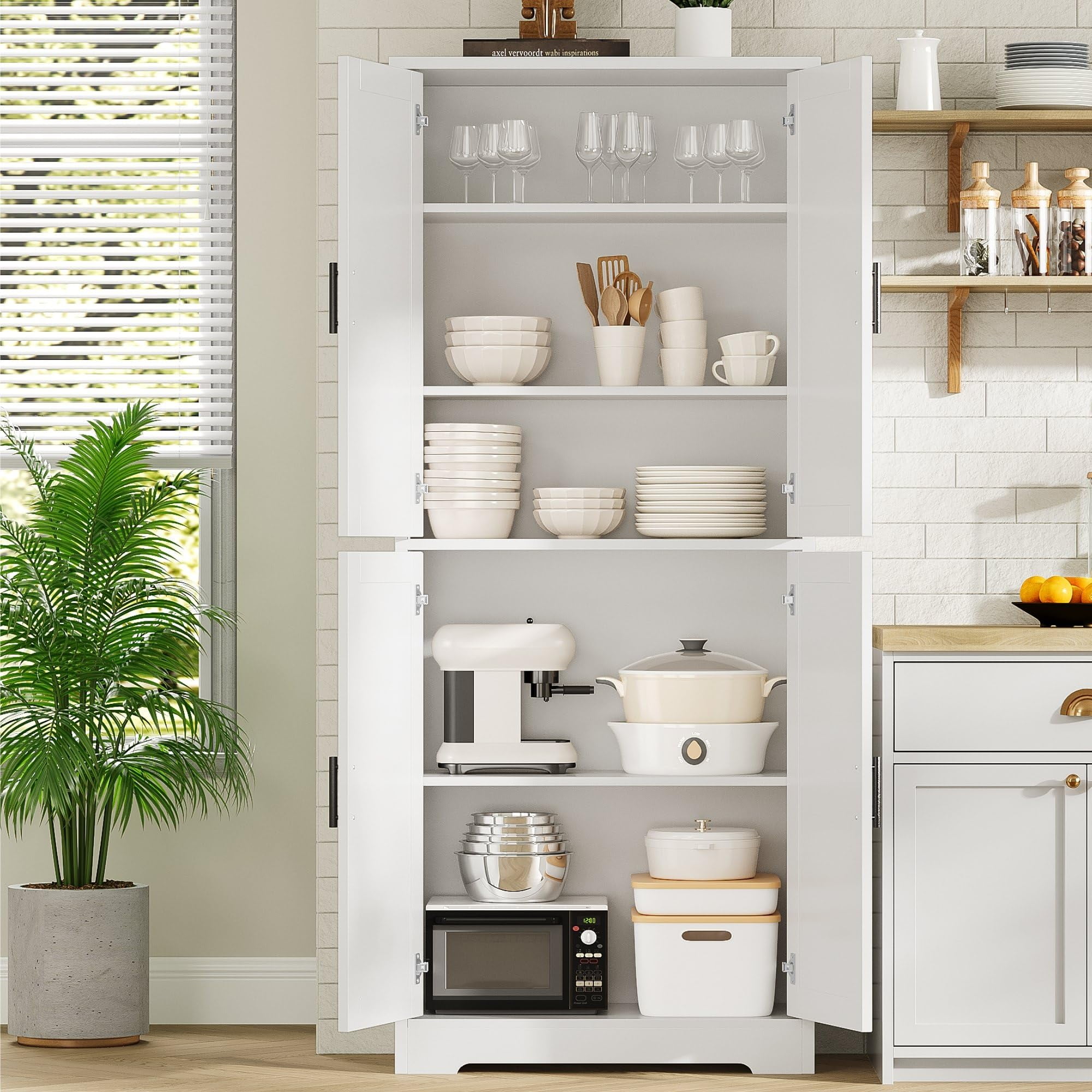 Accreate Tall Kitchen Pantry Cabinet, 70'' Storage Cabinet with 4 Doors and Adjustable Shelves, Freestanding Large Utility Storage Cupboard for Dining Room, Bathroom, Living Room