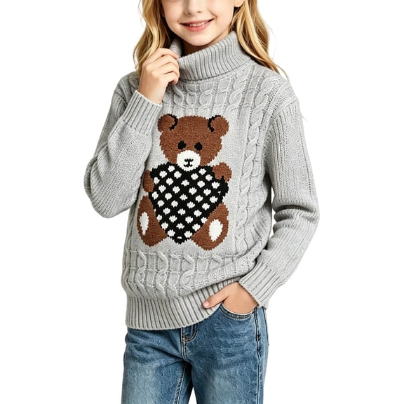 ZGRBOU Girls Teddy Bear Sweater Cute Turtleneck Long Sleeve Chunky Tops Cozy Warm Cable Knit Pullover 2026 Fall Fasion