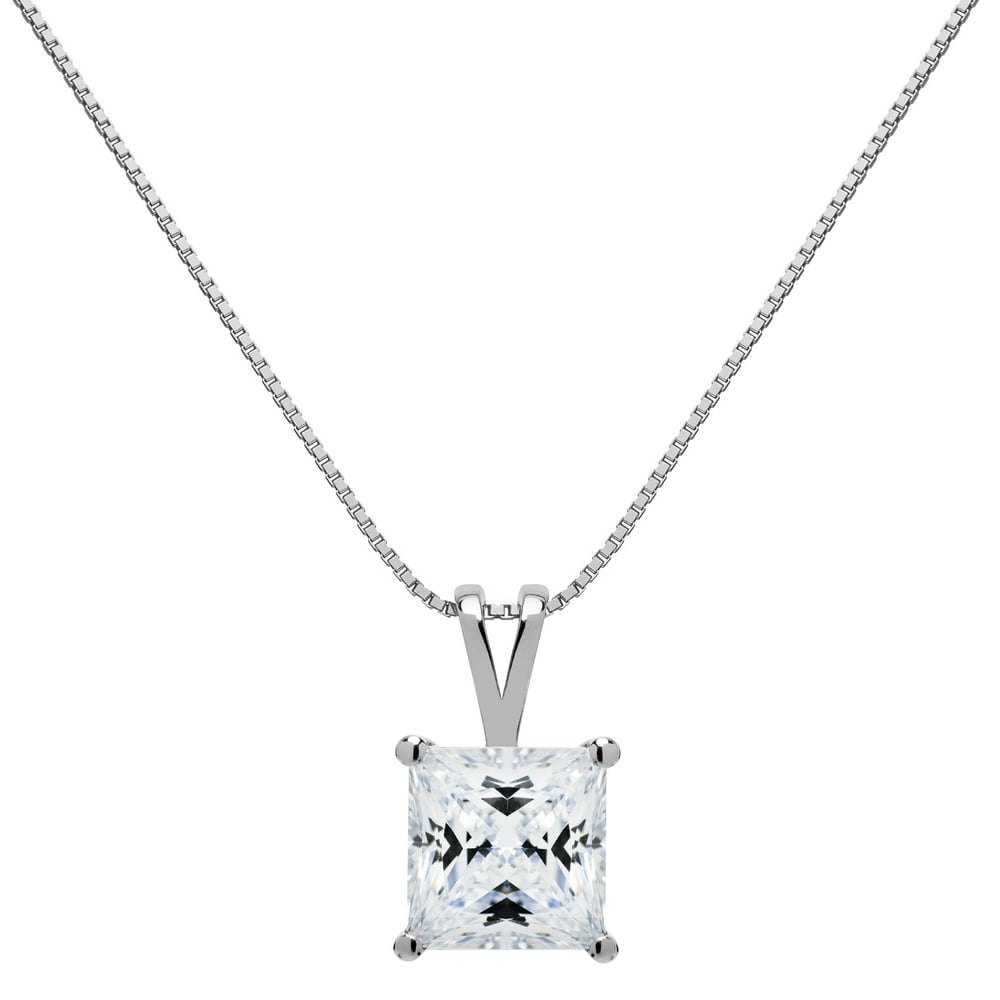 Everyday Elegance 14K Solid White Gold Pendant Necklace Princess