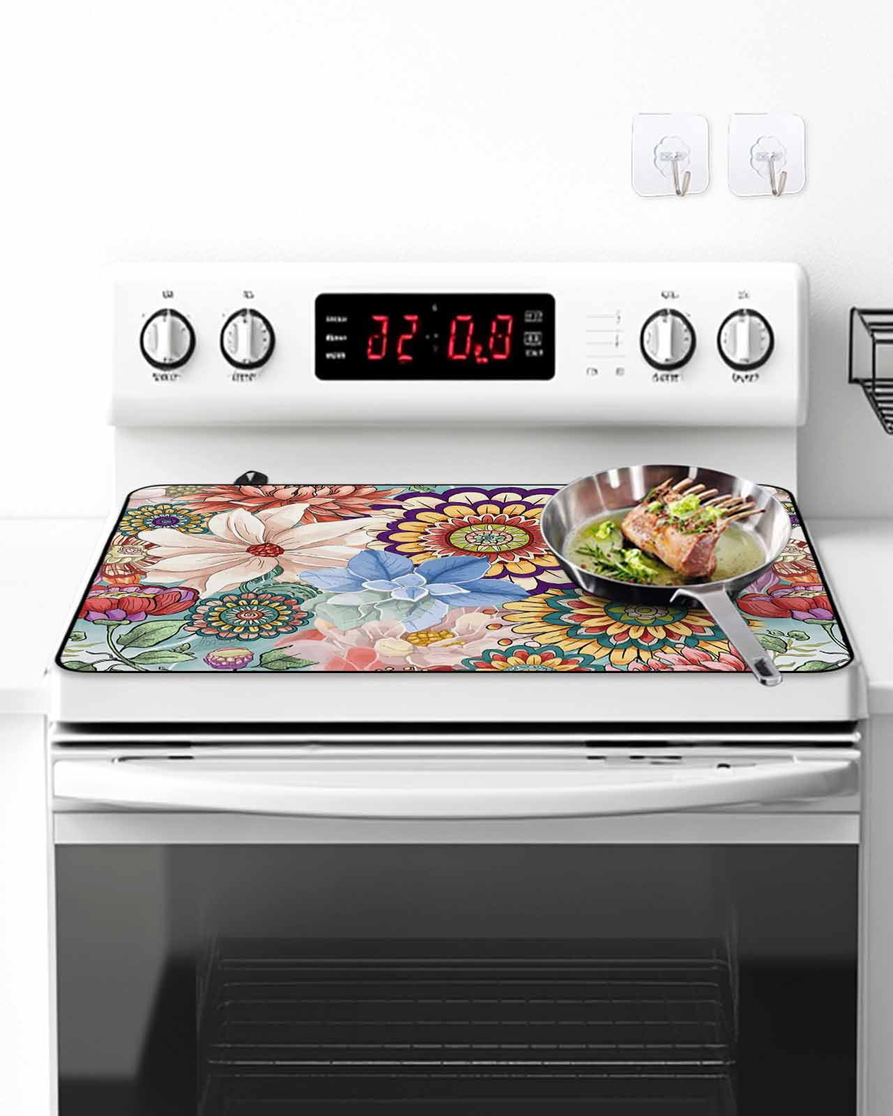 Stove Top Covers for Electric Stove, Boho Floral Glass Stovetop Cover Protector, Bohemia Colorful Mandalas Botanical Flower Induction Cooktop Protector Oven Mat for Kitchen Countertop 24"x21"
