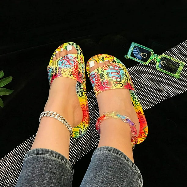 Sandalias planas con grafiti para mujer, zapatos informales con estilo informales de verano para playa personal Wmkox8yii hj789