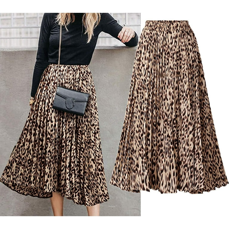 PIKADINGNIS Womens Chic Elastic High Waisted A Line Leopard Print
