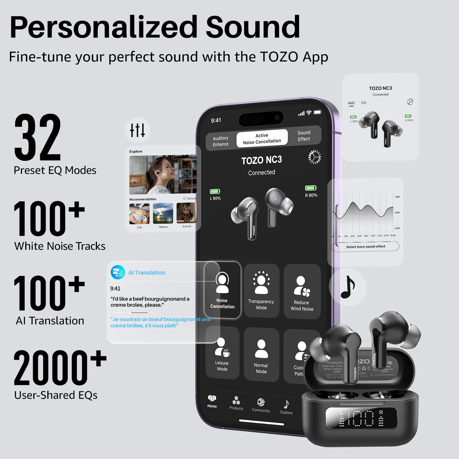 TOZO Hybrid ANC Bluetooth 5.3 Wireless Earbuds, 6 Mics, 55H Playtime, LED Display, Deep Bass, IPX8 Waterproof, Black