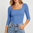 thumbnail image 4 of Hurxie Womens 3/4 Sleeve Scoop Neck Top Ribbed Knit Slim Fitted Casual Basic Tee Shirts Trendy Work T-Shirt Outfits Blue,S, 4 of 7