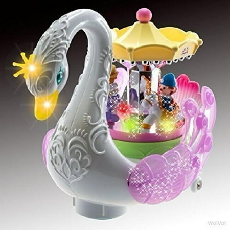 Carousel On WolVol Beautiful Musical Rotating Horses Carousel Music Box on Self Riding Swan Animal, Lights and Sounds, Bump and Go Action - Great Gift Toy For Little Girls ()