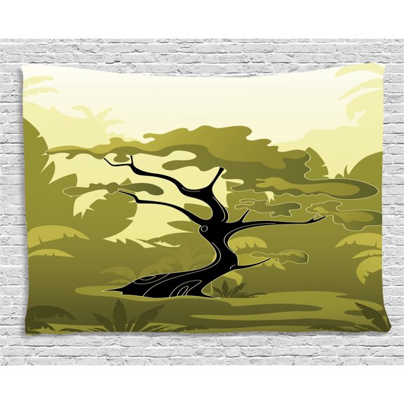 Olive Green Tapestry, Japanese Tree in Jungle Abstract Nature in Summer Season, Wall Hanging for Bedroom Living Room Dorm Decor, 80W X 60L Inches, Olive Green Black Pale Yellow, by Ambesonne