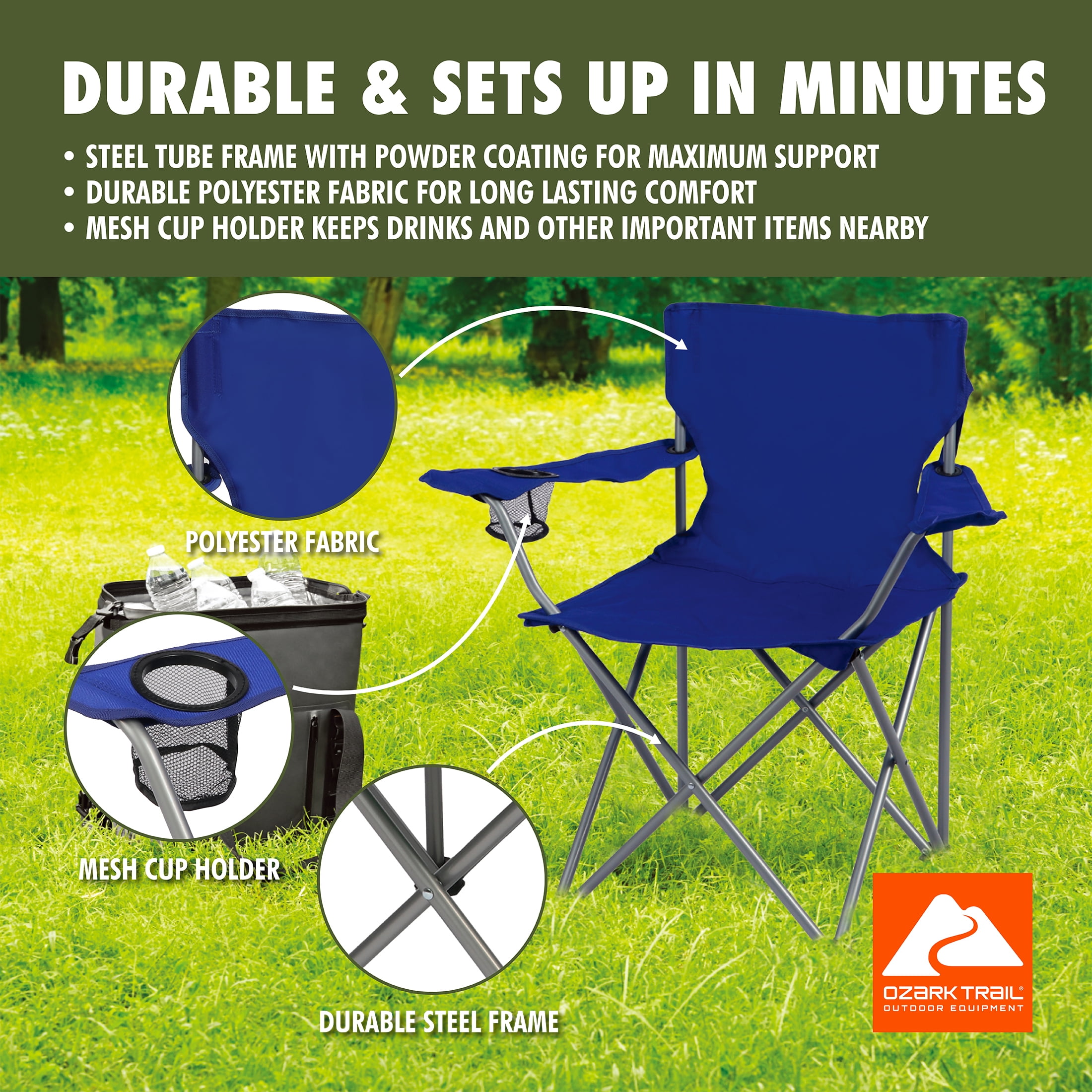 Ozark Trail Quad Folding Camp Chair with Cup Holder, Royal Blue