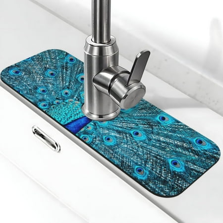 

Xecao Beautiful Blue Peacock for Kitchen Sink Splash Guard Faucet Mat Faucet Guard & Draining mat (15 X 5.5 )