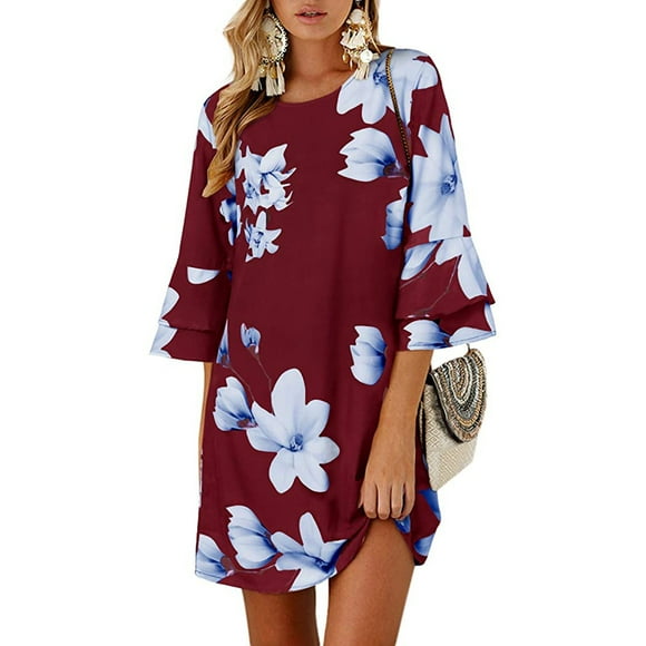 Womens Dresses Clearance Plus Size Women Loose Summer Trendy Casual Flare Sleeve O-Neck Printing Mini Dress Red M JE