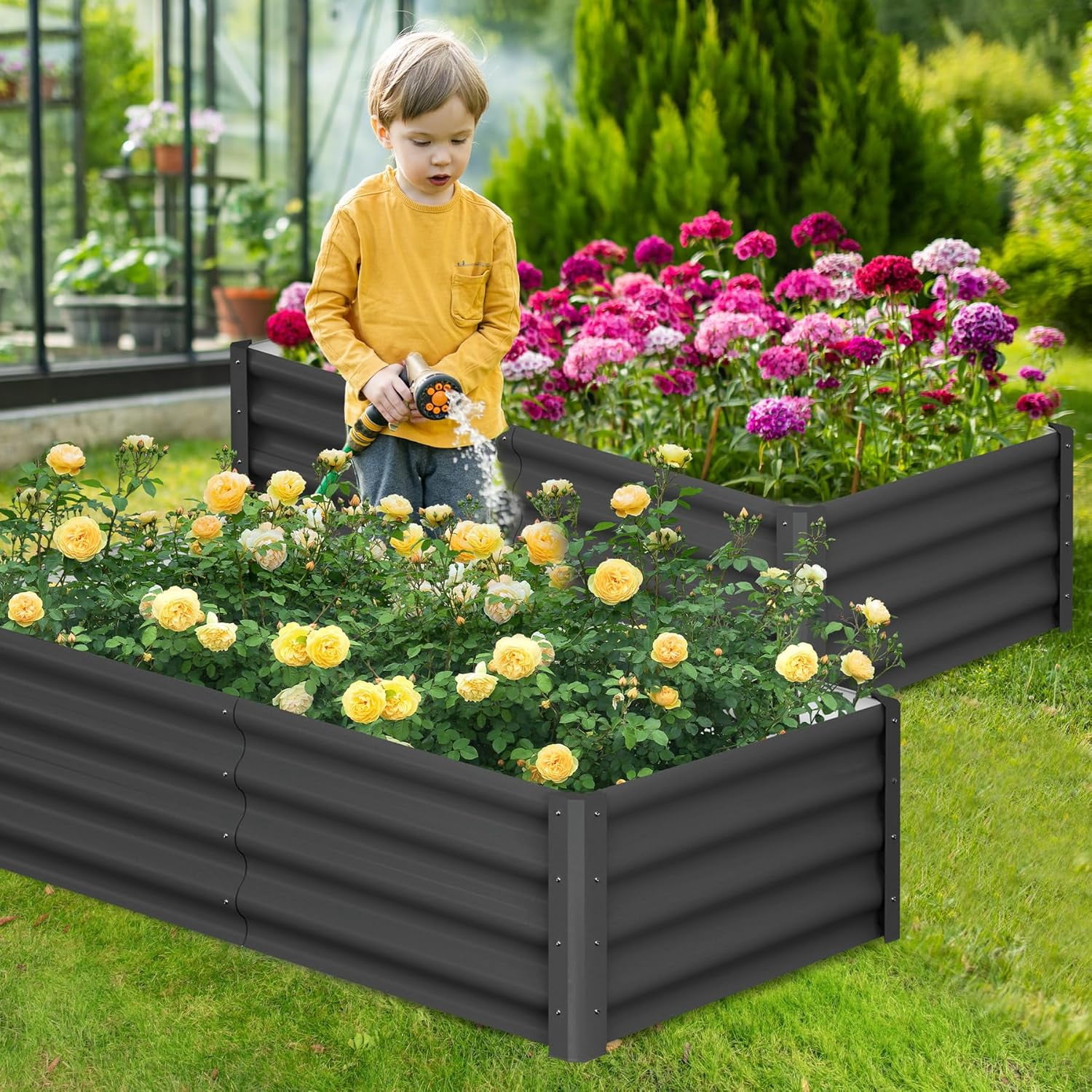 Acekid Raised Garden Bed Set of 2 - 6x3x2FT Galvanized Raised Garden Bed, Large Outdoor Planter, Open Base, Safety Edge, Gardening Glove