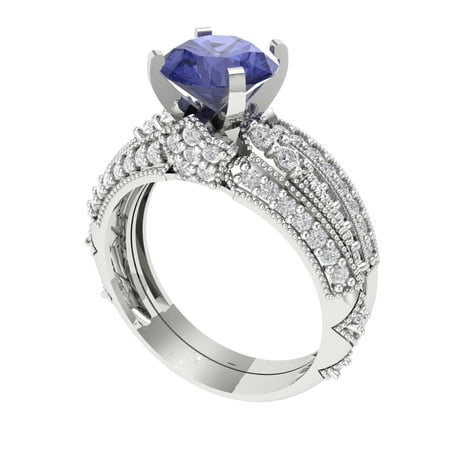 Clara Pucci 14K White Gold Round Cut 1.5Ct Simulated Tanzanite Engagement Ring + Matching Band - Luxury Box Included