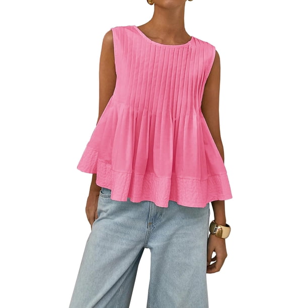 Blusa Plisada Sin Mangas con Peplum de Verano para Mujer, Estilo Babydoll Y2K con Cuello Redondo. Rosa M