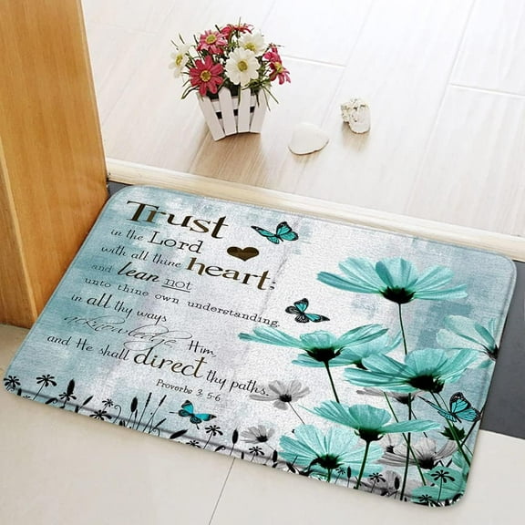 Teal Daisy Flower Butterfly Bath Mats Inspirational Quote Rustic Farmhouse Spring Floral Plant Country Turquoise Blue Bathroom Rugs Bedroom Kitchen Indoor Floor Carpet 16x24 Inch