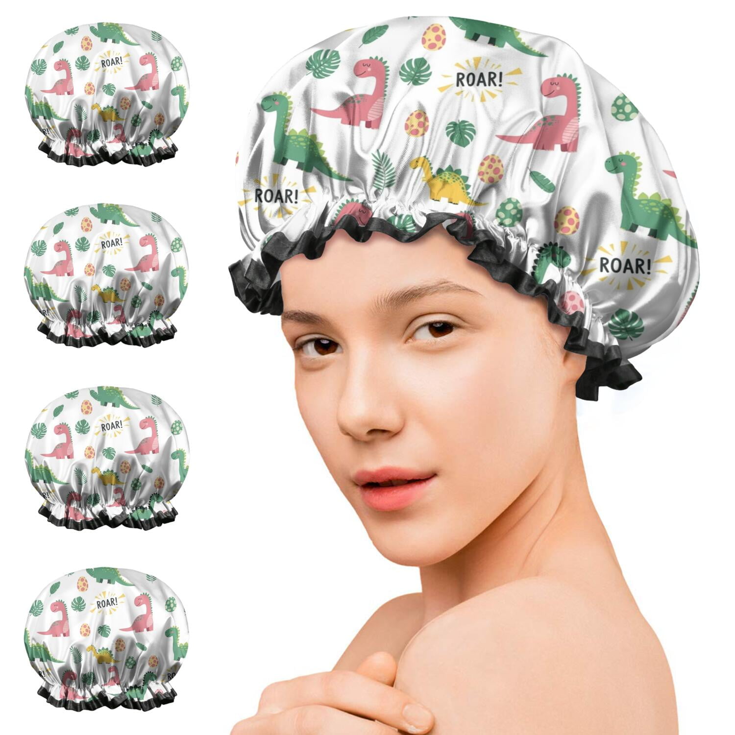 Shower Caps,White Cartoon Dinosaurs Roar Pattern Waterproof Shower Cap for Women 4 Pieces,Double Reusable Hair Cover for Shower PEVA Elastic Stretch Hem