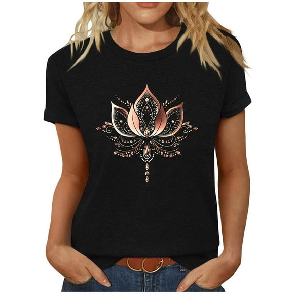 T-shirt for Women, Vintage Print Round Neck Short Sleeve with Polyester-Spandex Blend, Breathable Stretch Fabric, Spring Summer Wear, True Size Fit