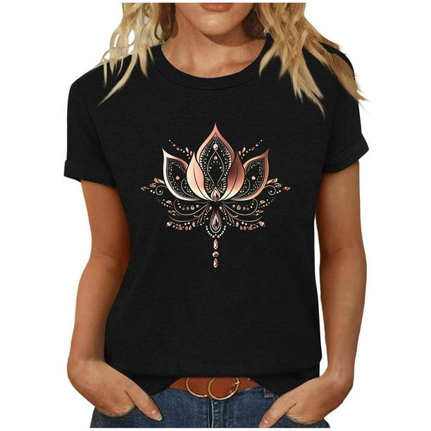 Tops de Manga Corta de las Mujeres, Cuello Redondo Impreso, Camiseta de Manga Corta para las Mujeres