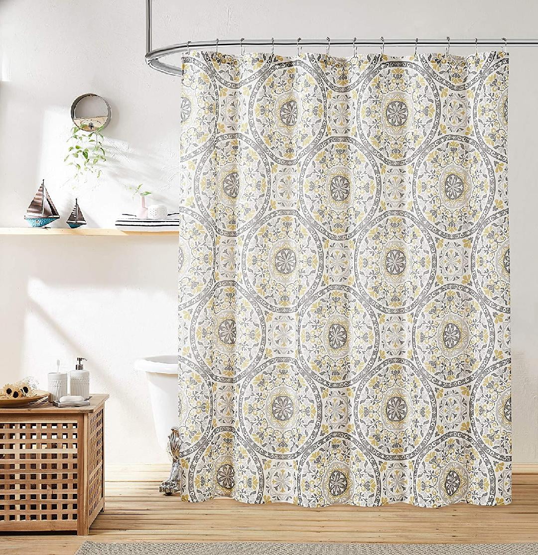 Medallion Shower Curtains Yellow and Grey Vintage Floral 72" W x 72" L
