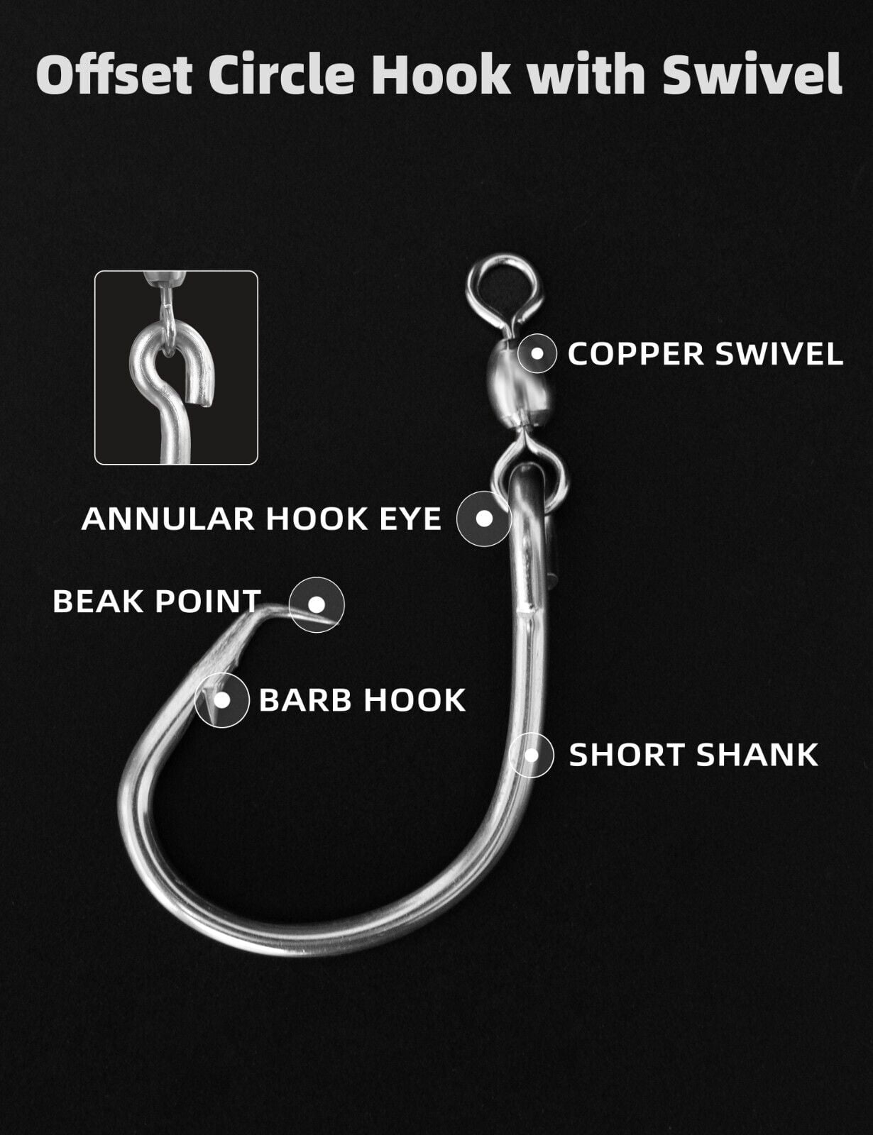 BLUEWING Offset Circle Hook with Swivel 5pcs Stainless Steel Fishing Hooks  Extra Sharp Fish Hooks for Freshwater Saltwater Fishing, Size 16/0 