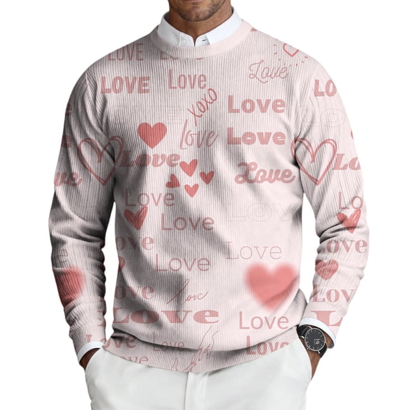 Domuza Mens Valentines Sweater Heart Print Long Sleeve Round Neck Sweatshirt Spring Fall Casual Loose Fit Ribbed Knit Pullover Light pink 2XL