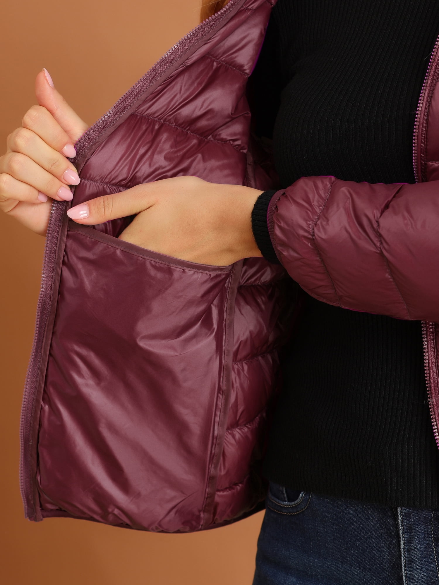 DARING DIVA Women's Hooded Zip Up Short Down Lightweight Jacket L Burgundy