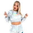 thumbnail image 2 of IBTOM CASTLE Women's Shiny Crop Top Hoodie Metallic Rave Casual Long Sleeve Hooded Pullover Workout Sweatshirt Disco Dance Clubwear XXL Holographic Silver, 2 of 8