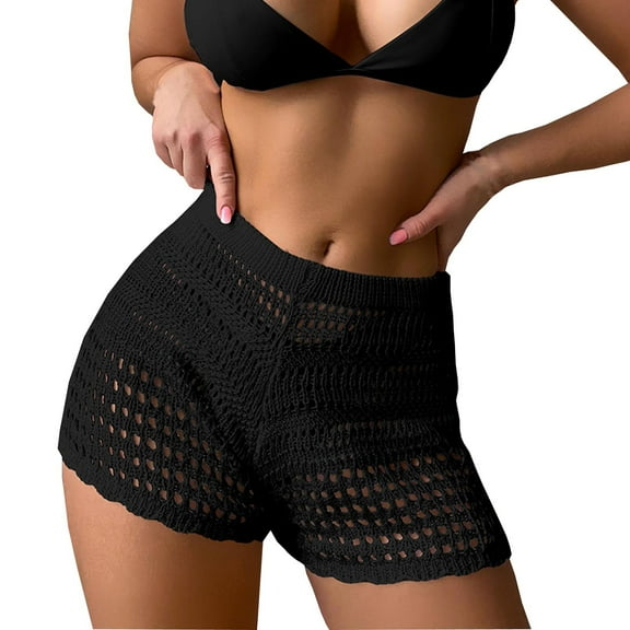 Staron Women's Beach Shorts Vacation Casual Pants with Elastic Waist Solid Color Cover Up Bikini Shorts, Black S