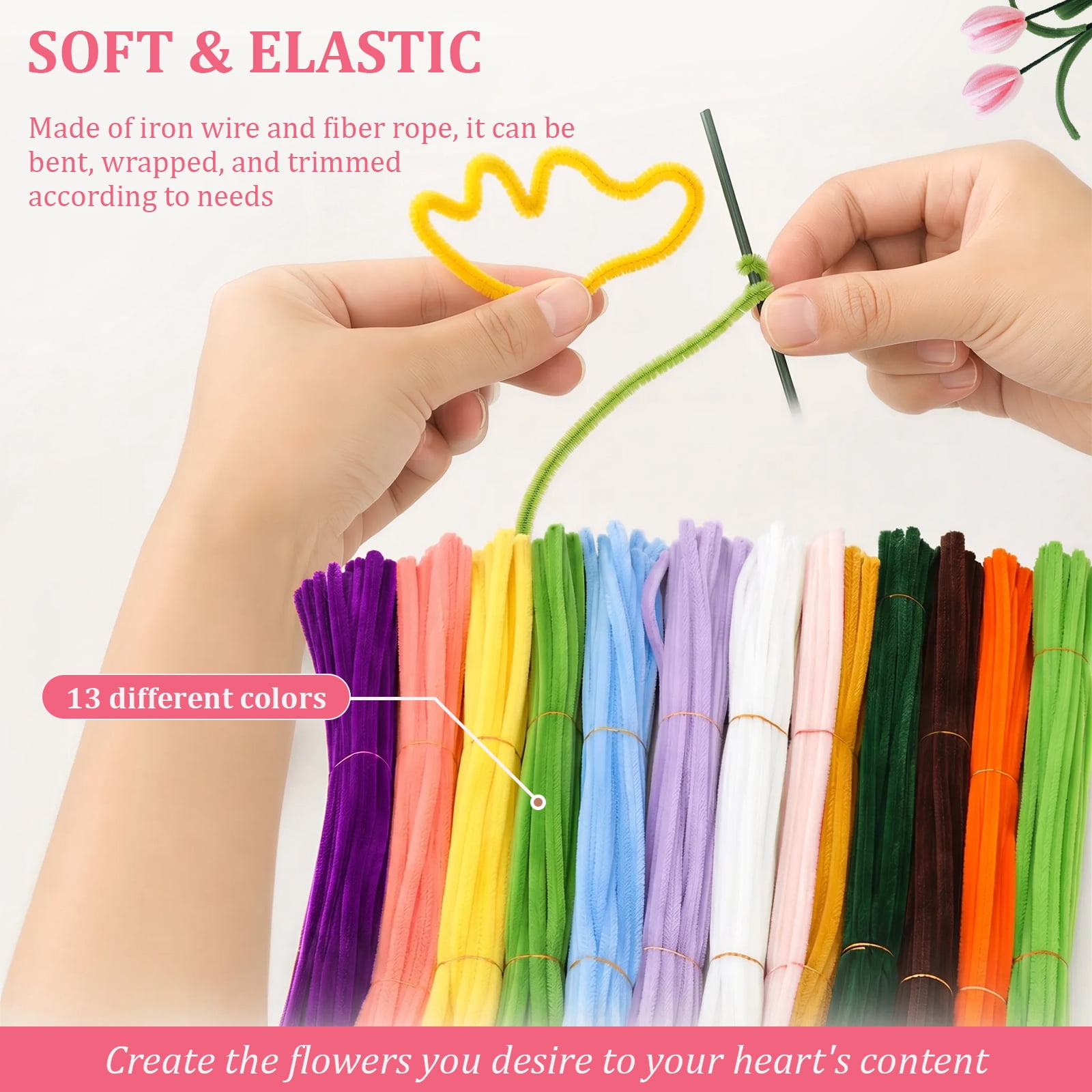 800Pcs Pipe Cleaners, 13 Color Chenille Stem with 50 Stem Glue Stick Floral Tape Stamen Bead Ribbon Wrapping Paper and Tutorial Handmade Bouquet Making Supplies for Beginner