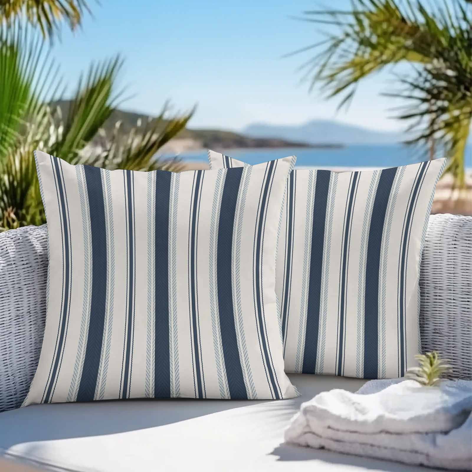 Navy Blue Beige Outdoor Pillow Covers 24x24 Inch Throw Pillow Covers Set of 2 Waterproof Decorative Pillow Cases Retro Simple Abstract Vertical Stripes Cushion Covers for Patio Furniture Garden Couch