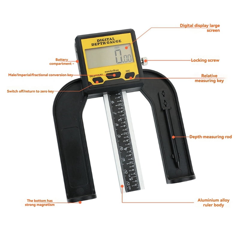 Symkmb 0-80mm Digital Depth Gauge for Woodworking Measuring Tool Digital Caliper Mini Digital Height Gauge Depth Guage Aluminum Alloy Black