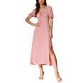 thumbnail image 2 of INSPIRE CHIC Women's Dress Square Neck Tie Front Puff Sleeve Smocked Back Side Split Long Dresses XS Pink, 2 of 5