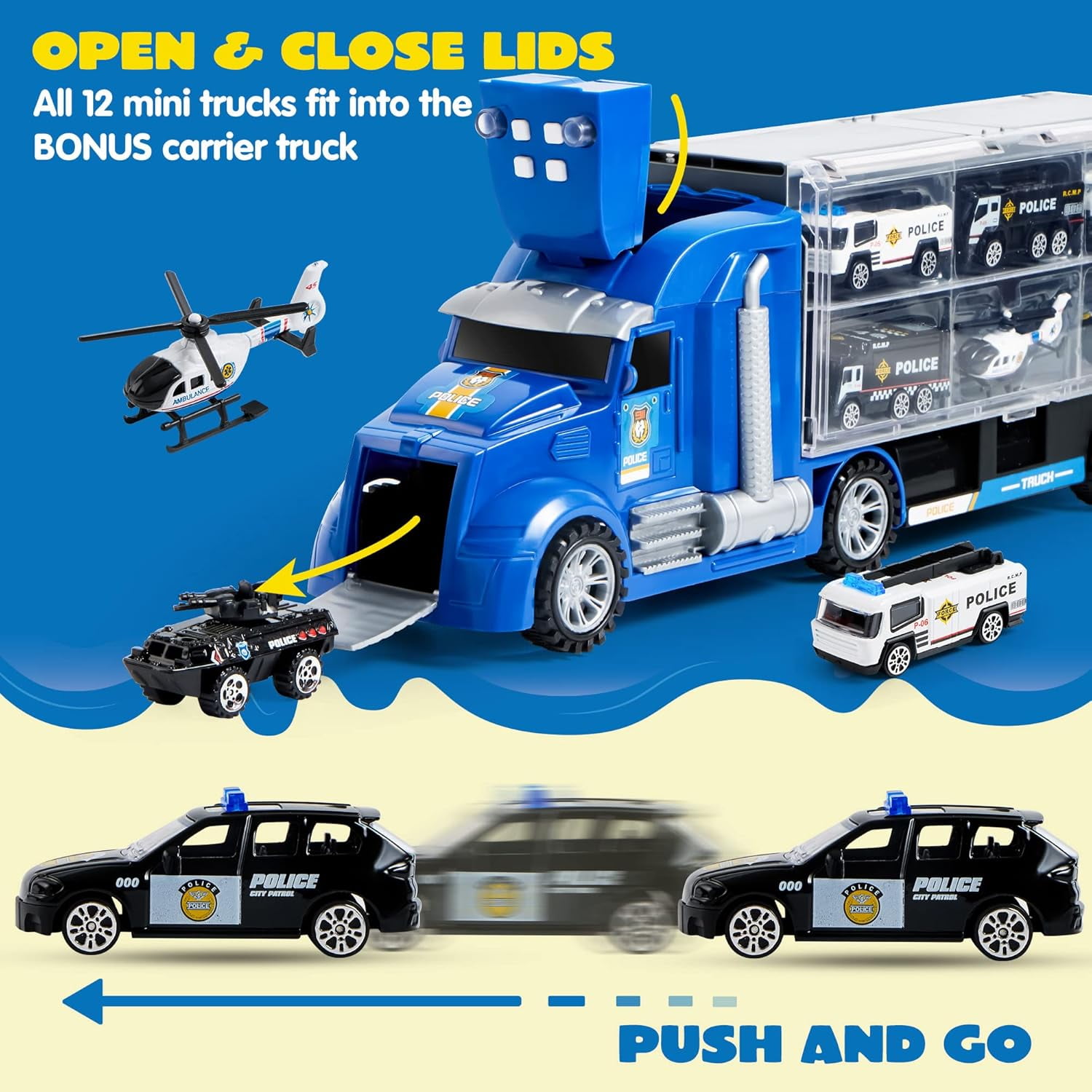 Joyfy 25 in 1 Die-cast Police Rescue Big Truck Toys, Car Transporter Storage Truck with Sounds and Lights, Christmas Birthday Gifts for Toddlers Kids Boys & Girls