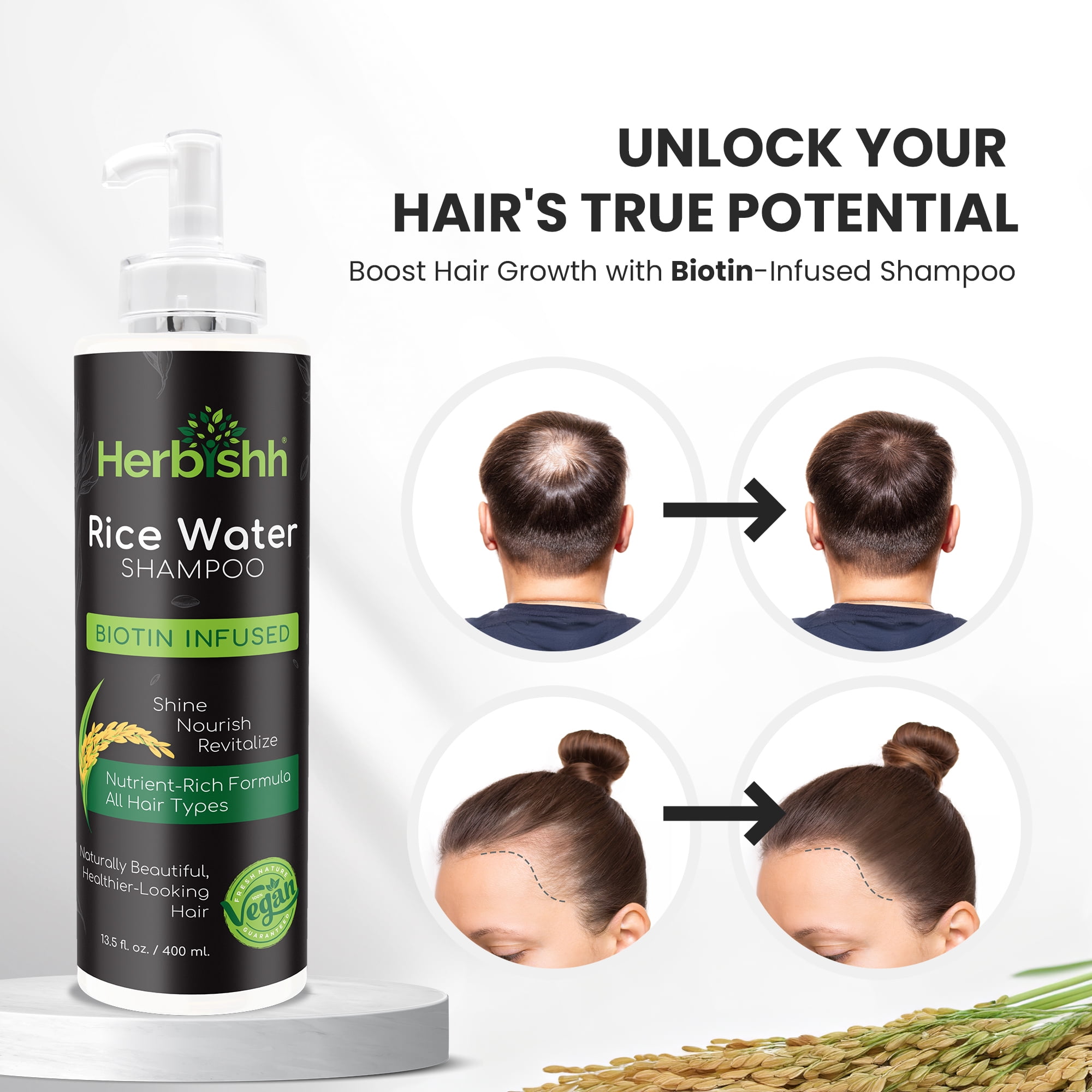 (2 pack) Herbishh Rice Water Hair Growth Shampoo - 400ml with Power of Castor Oil, Argan & Coconut Oil & Biotin | All Hair Type | Hair regrowth for Thinning Hair, Moisturizing & Volumizing | Silicone Free