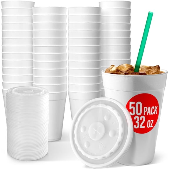 32 oz Foam Cups with Lids, 50 Pack - Insulated Disposable Styrofoam Cups for Hot & Cold Drinks, White Coffee Cups - Made in USA