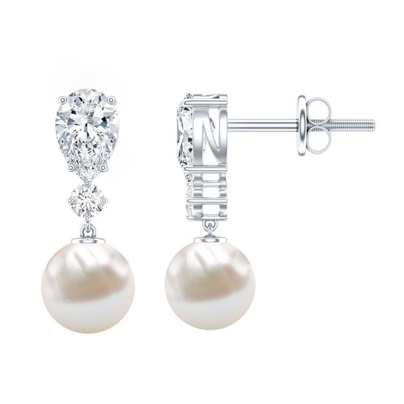 Rosec Jewels Freshwater Pearl Dangle Drop Earrings with Moissanite - Ready to Gift, 925 Sterling Silver