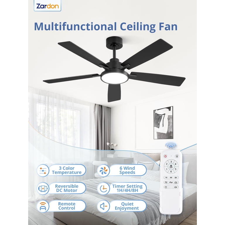Zardon 52 inch Black Ceiling Fan with LED Light and Remote