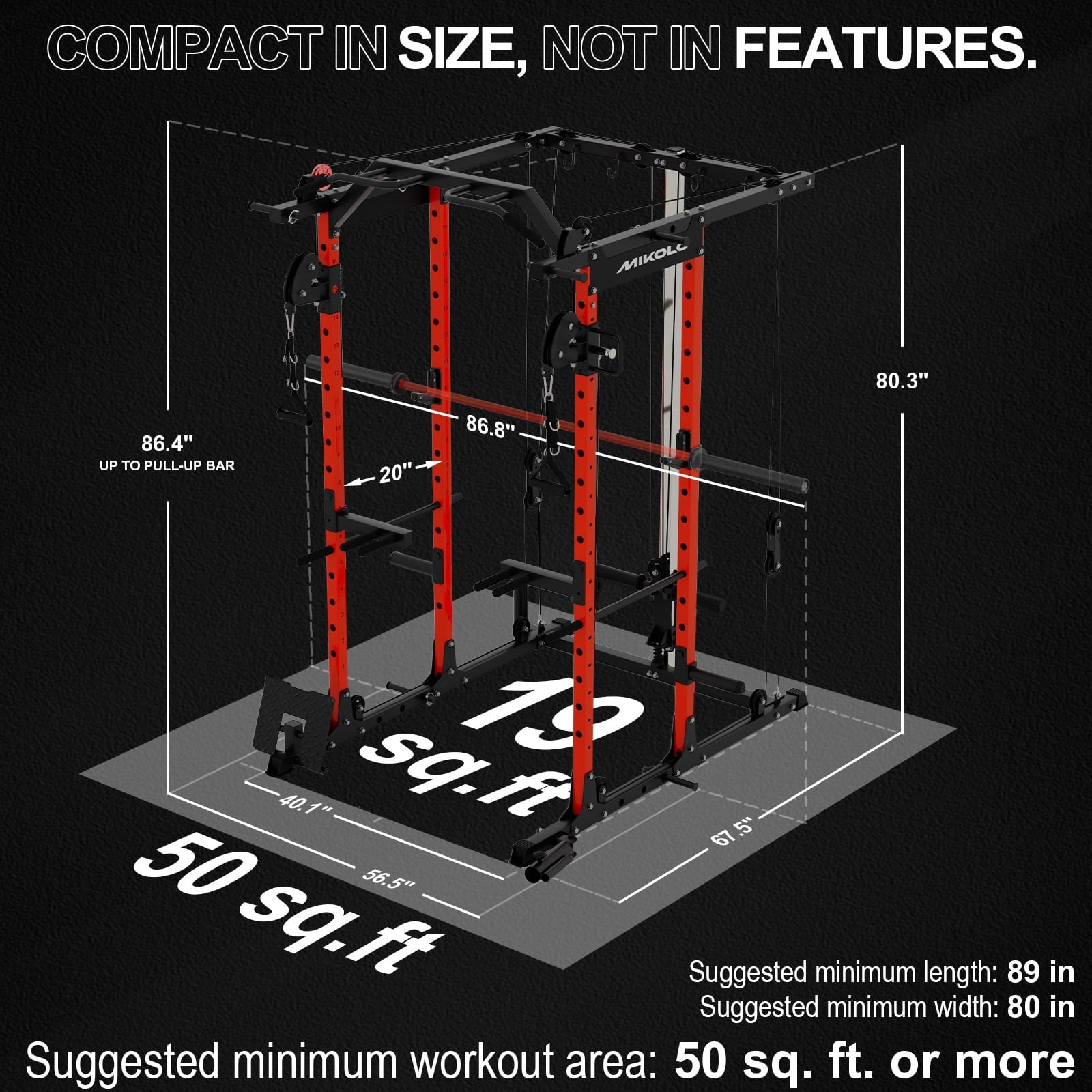 Mikolo Power Cage, Squat Rack with Dual Pulley Cable Crossover System, Multifunction Free Weight Home Gym Workout Machine with Attachmenteds Red