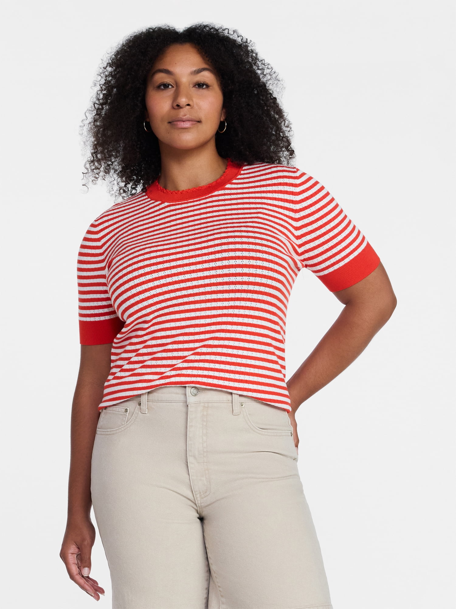 Time and Tru Women's Striped Pointelle Sweater with Short Sleeves, Lightweight, Sizes XS – XXXL