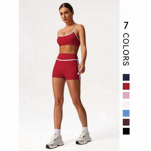AEXTO Women's Contrast Binding Crop Sports Bra & High Waist Shorts Sportswear Set, Breathable Comfortable Outfits for Yoga Gym Workout Running, Ladies Sportswear for All Seasons