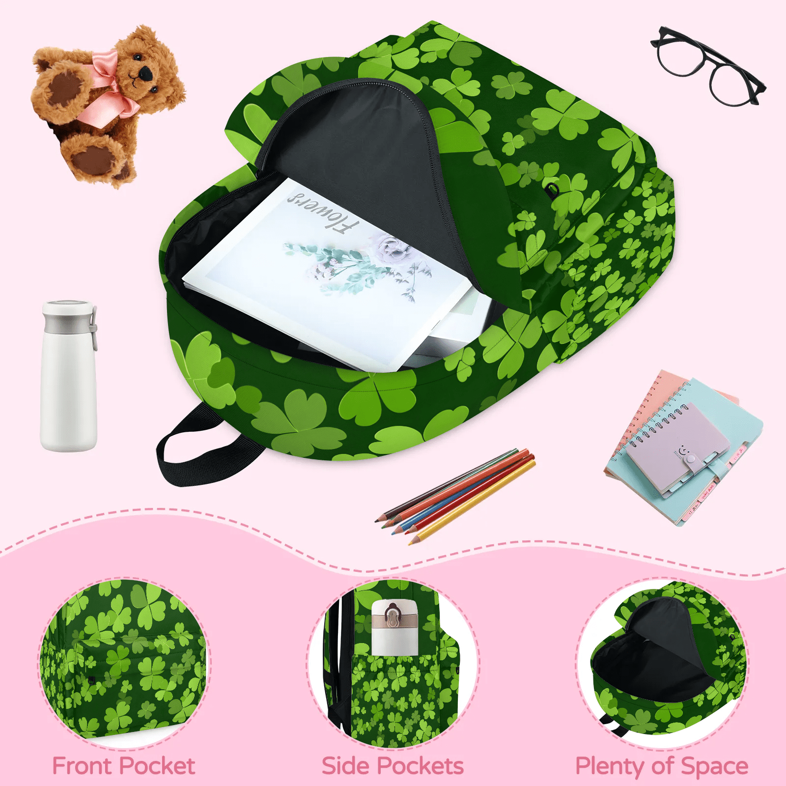 Herdesigns Green Clover Shamrock Backpack for Men Women, Lightweight Laptop Backpack 16.3 Inch St. Patrick's Day Casual Daypack for Travel Work Commuter
