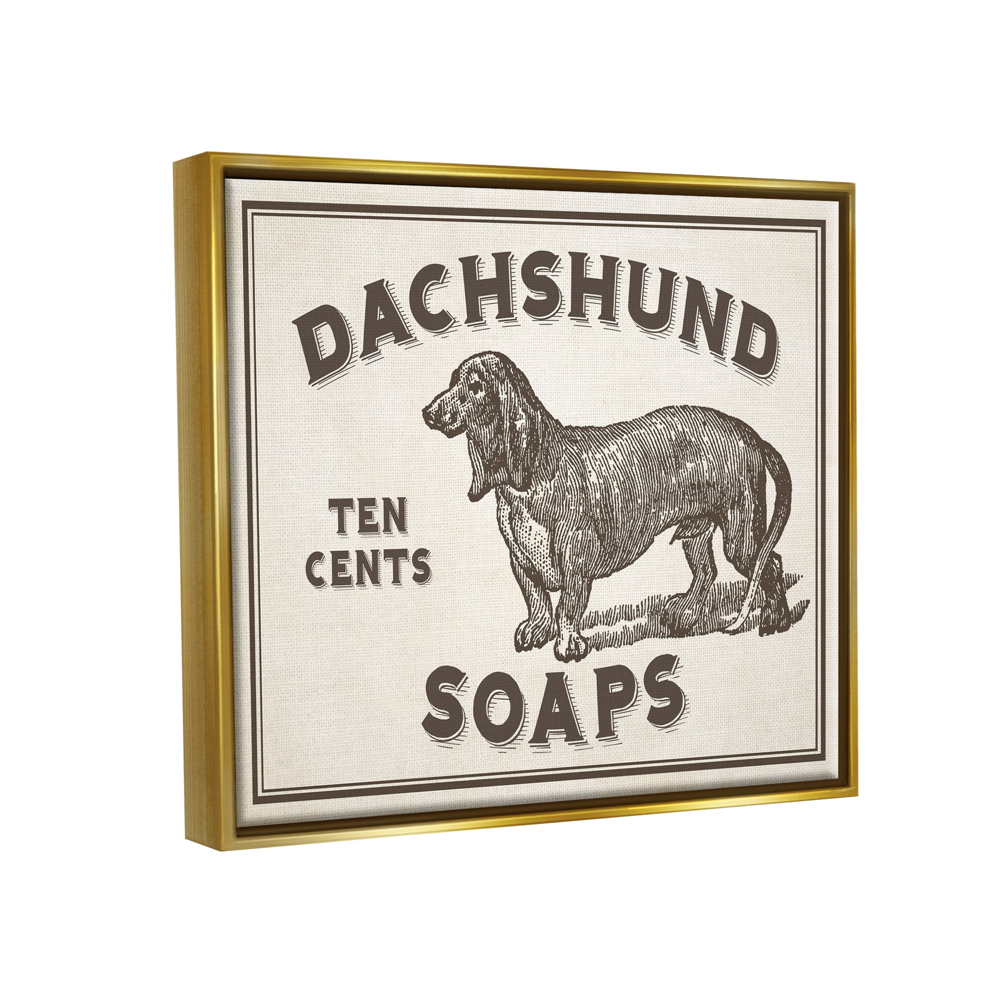 Stupell Industries Daschund Soap Vintage Sign Metallic Gold Framed Floating Canvas Wall Art, 24x30, by Daphne Polselli
