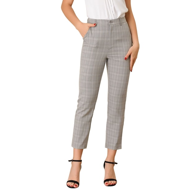 Pantalones de tobillo de trabajo de oficina trasera elásticos de cintura alta a cuadros de mujer Marrón claro XL